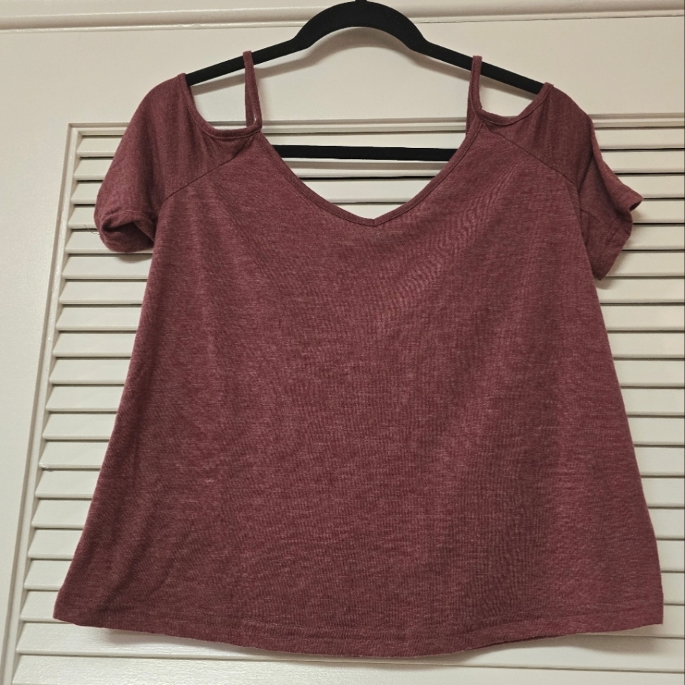 SHEIN - Pinkish Red Cold Shoulder Oversized Short-Sleeve Loose-Fit Top